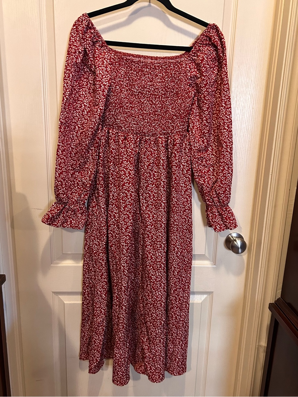 Red and white Floral cottage-core peasant dress tea length western chic